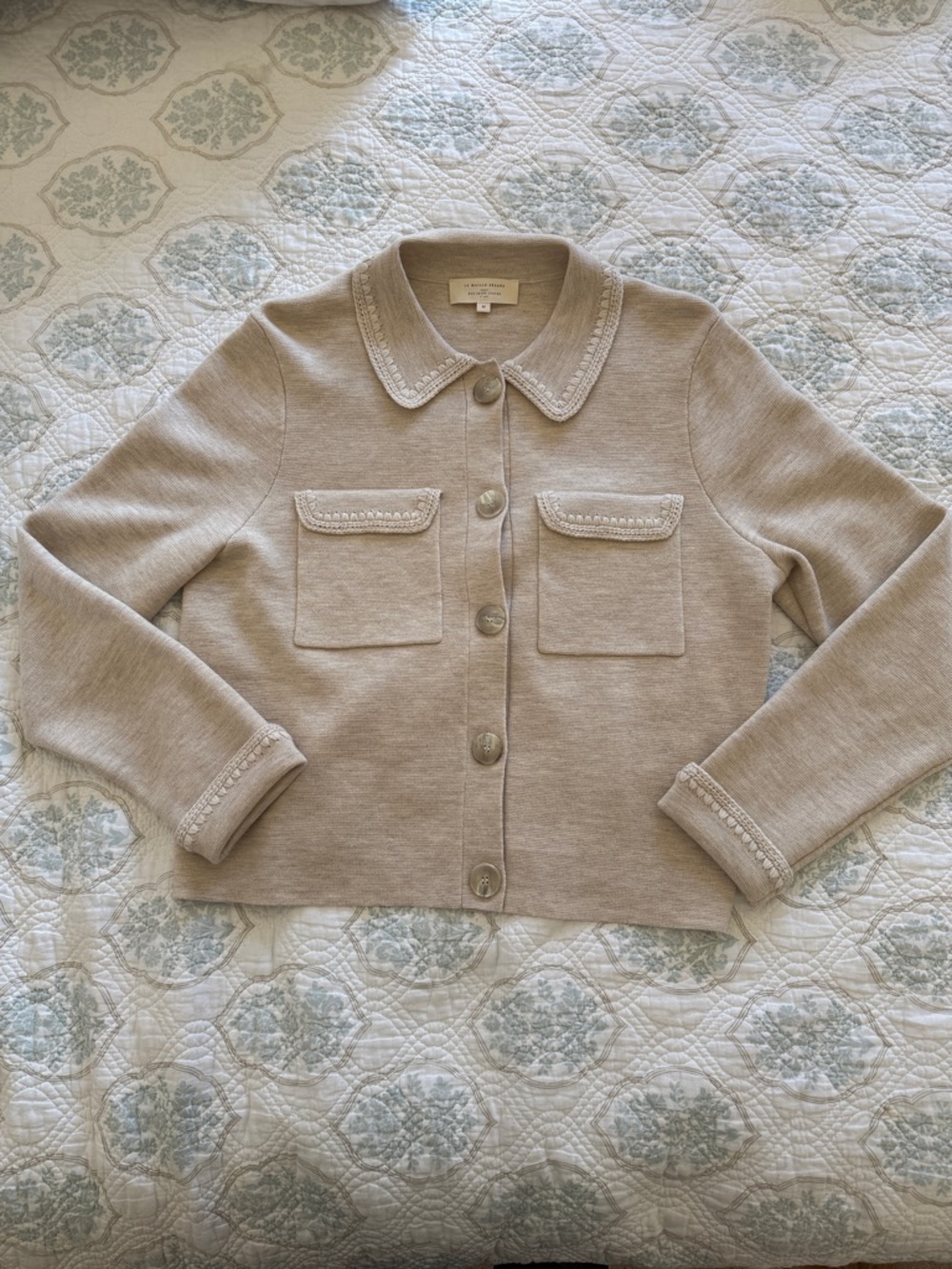 Sezane Betty Cardigan Embroidered Ecru 100% Merino Wool